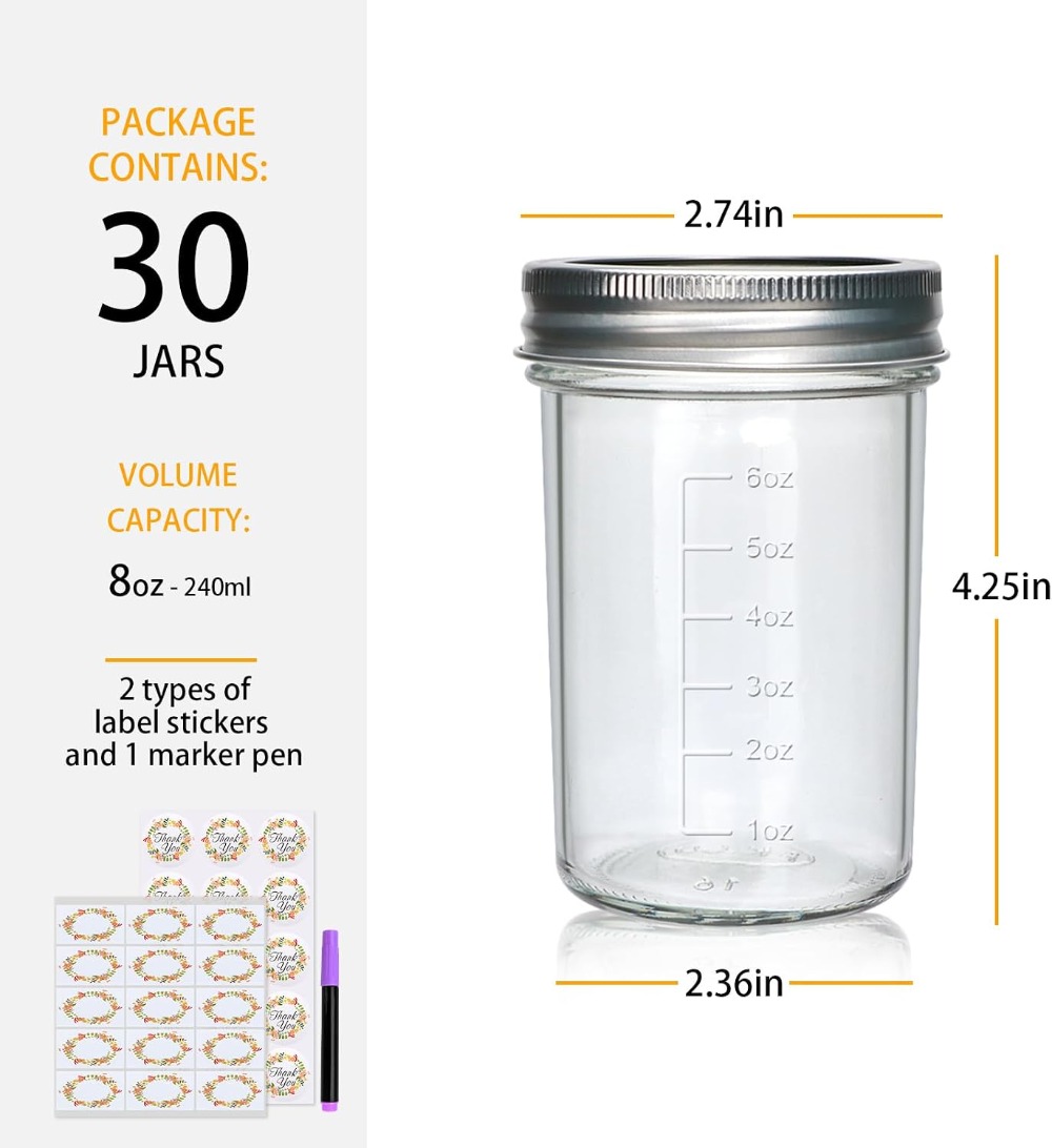 30 Pack 8 oz Mason Jars with L - Mason Jar 8Oz recension och pris